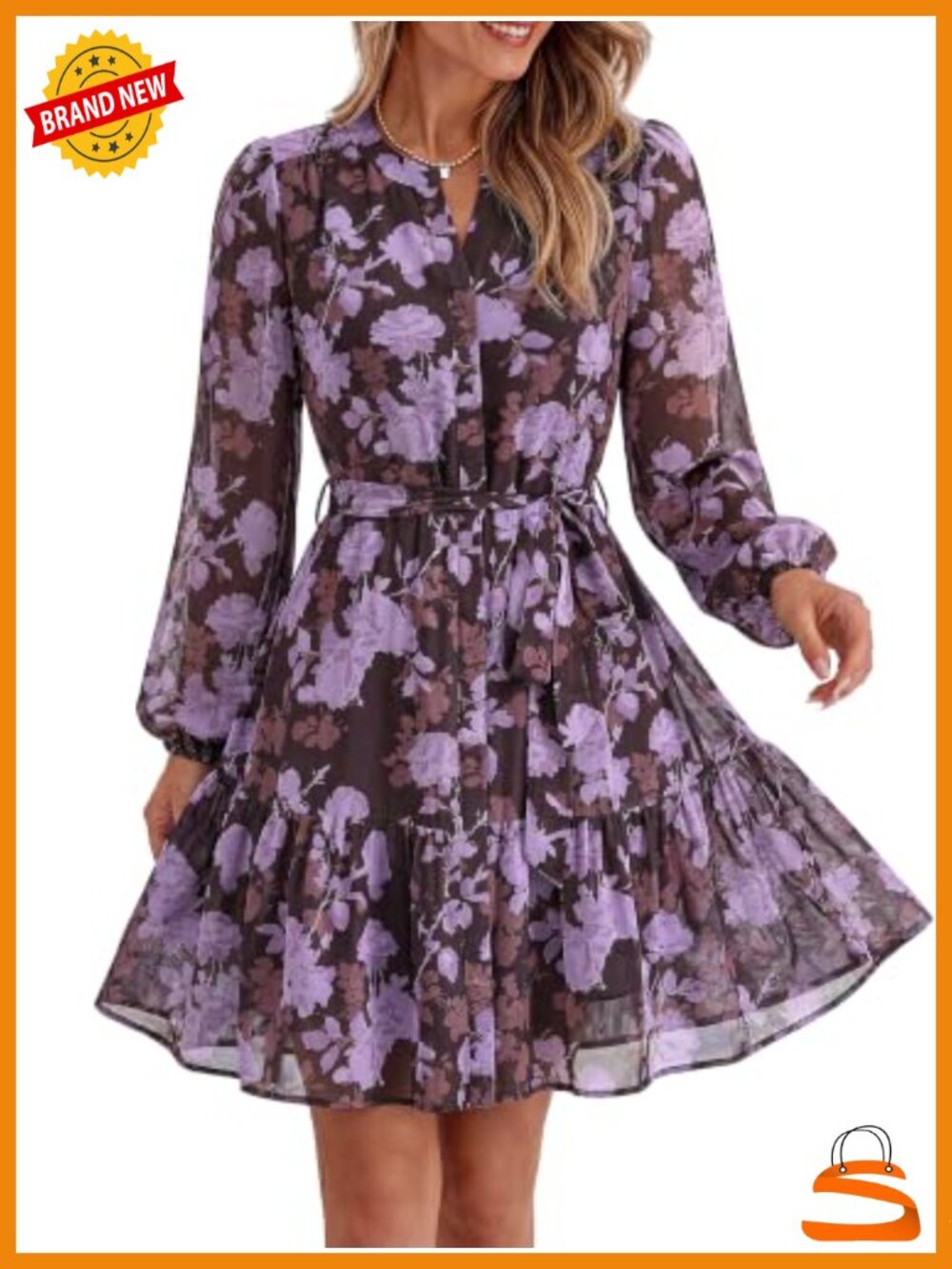 Womens Fall Chiffon Floral V Neck Long Sleeve Mini Dress, A-Line